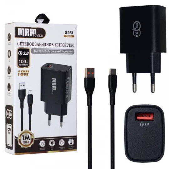 СЗУ MRM S95 с кабелем Type-C (3.1A, 1 x USB, QC3.0) черный
