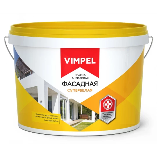 Краска VIMPEL акриловая фасадная супербелая глубокоматовая 14кг